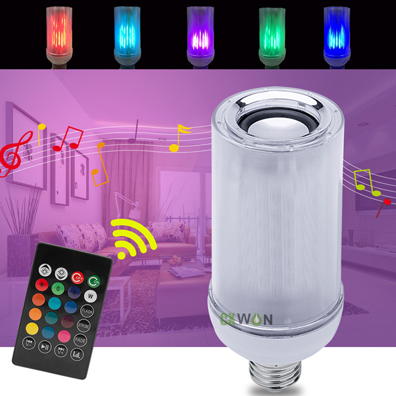 Flame Bulb Light Speaker Audio Music RGBW Bulb Lamp E27 B22 E26 8W Smart Dimmable Light Bulb with 24Keys Remote