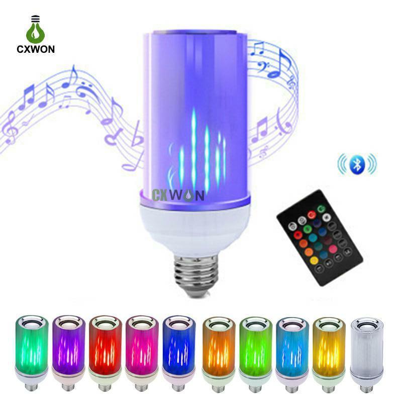 Flame Bulb Light Speaker Audio Music RGBW Bulb Lamp E27 B22 E26 8W Smart Dimmable Light Bulb with 24Keys Remote