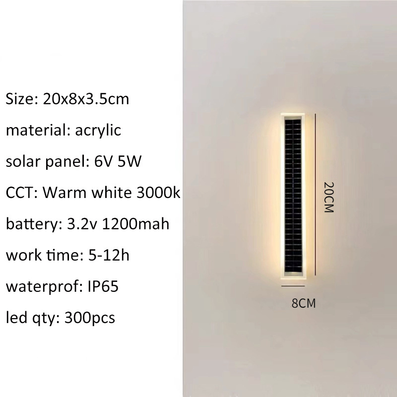 Long Outdoor Modern LED Wall Light Waterproof IP65 Solar Powered Fixture Rectangular Frosted White Acrylic Anti Rust