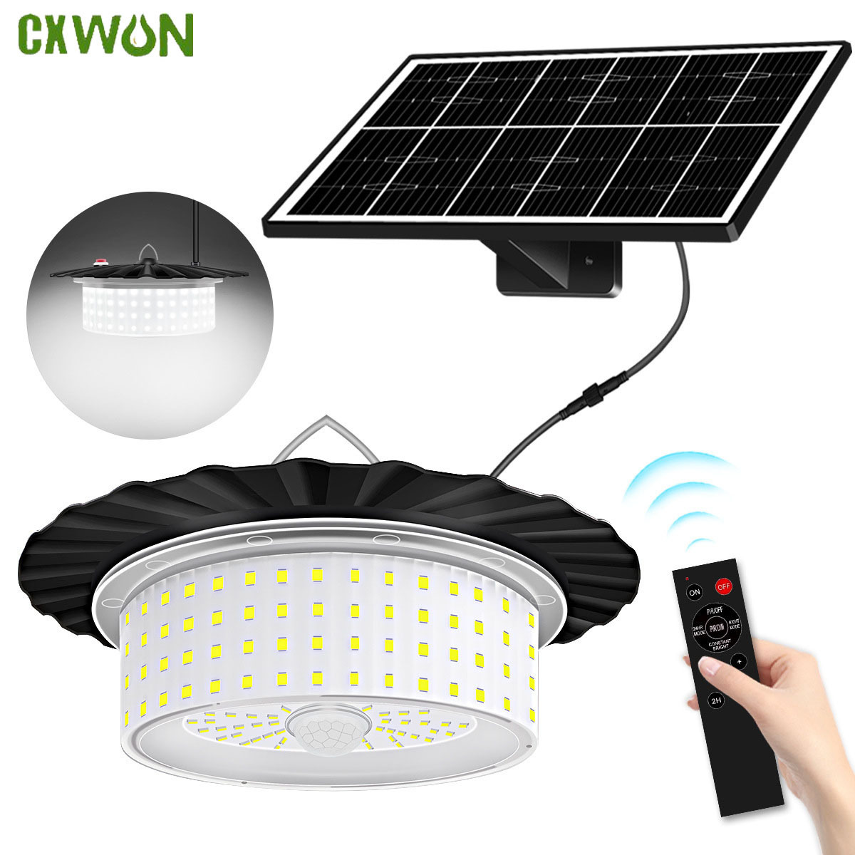 5 Modes Solar Motion Sensor Light 244 LED Solar Pendant Light with Remote IP65 Waterproof