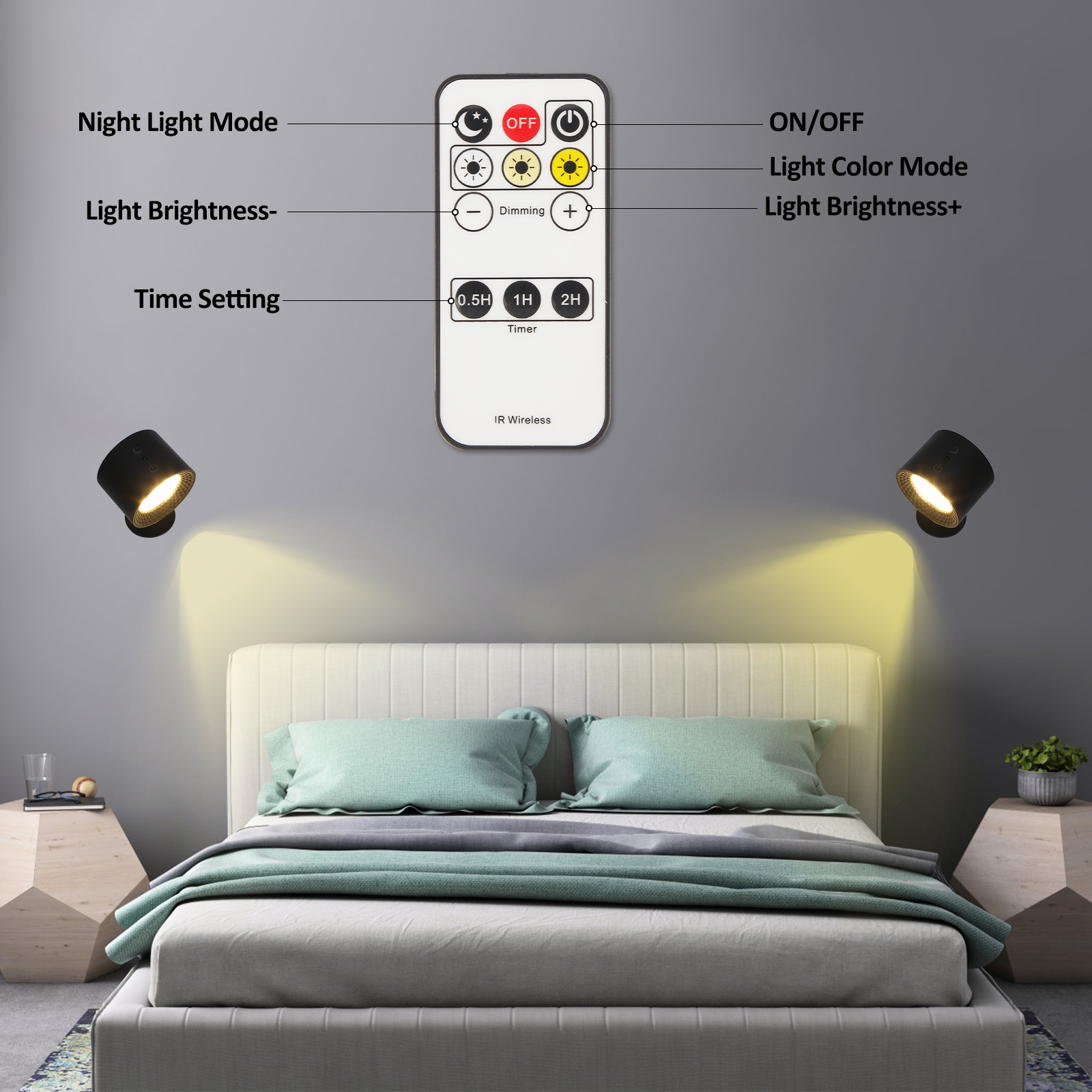 Magnetic Wall Lamp 3 Colors Rechargeable Dimmable Adjustable Bedside Lamp Night Lights Touch Remote Control