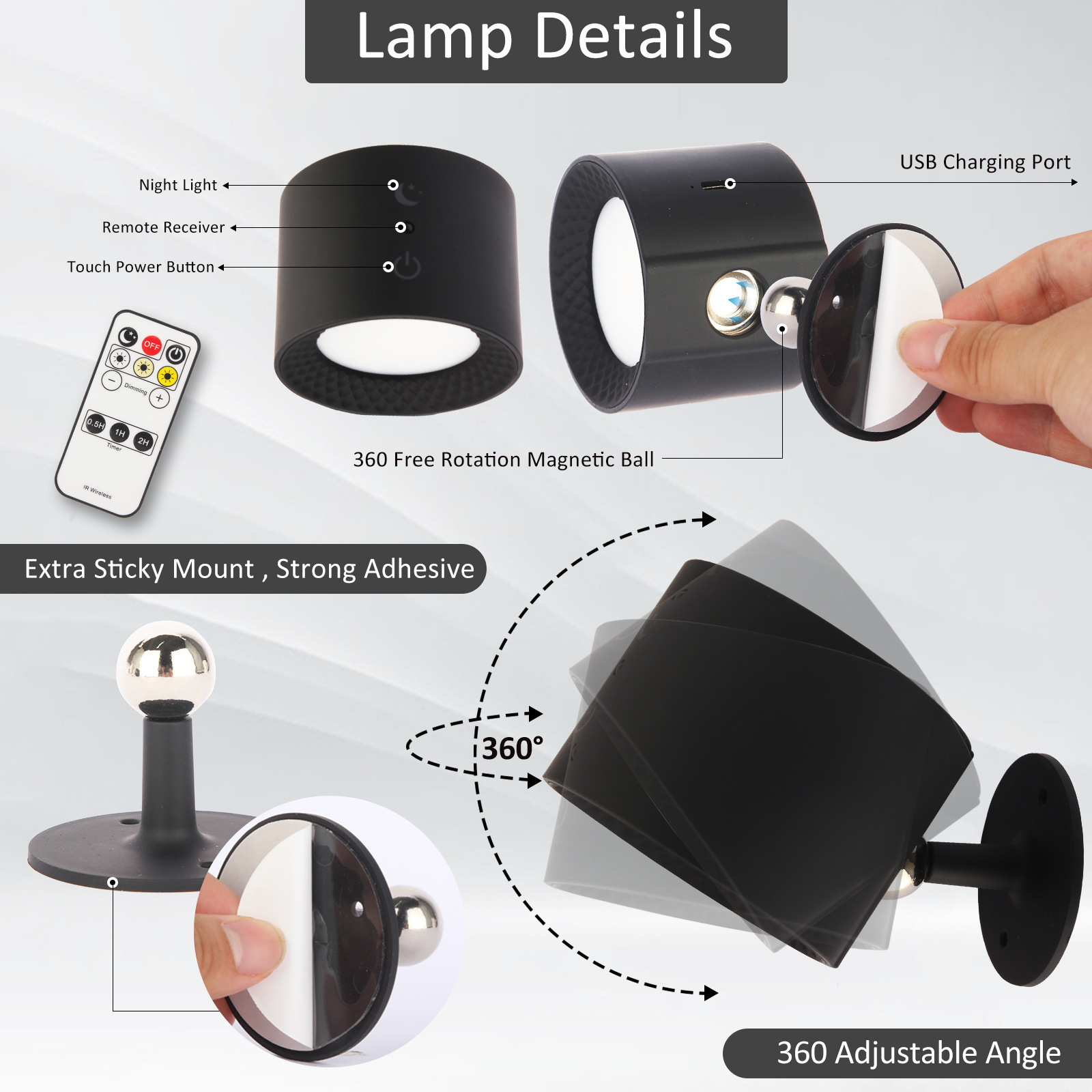 Magnetic Wall Lamp 3 Colors Rechargeable Dimmable Adjustable Bedside Lamp Night Lights Touch Remote Control