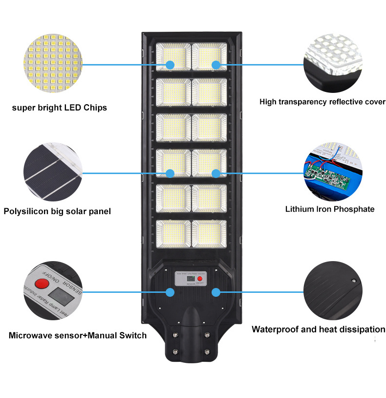 800w 1000w 1200w All in one Outdoor Waterproof Solar Street Light Radar Sensor Solar Wall light with Remote control