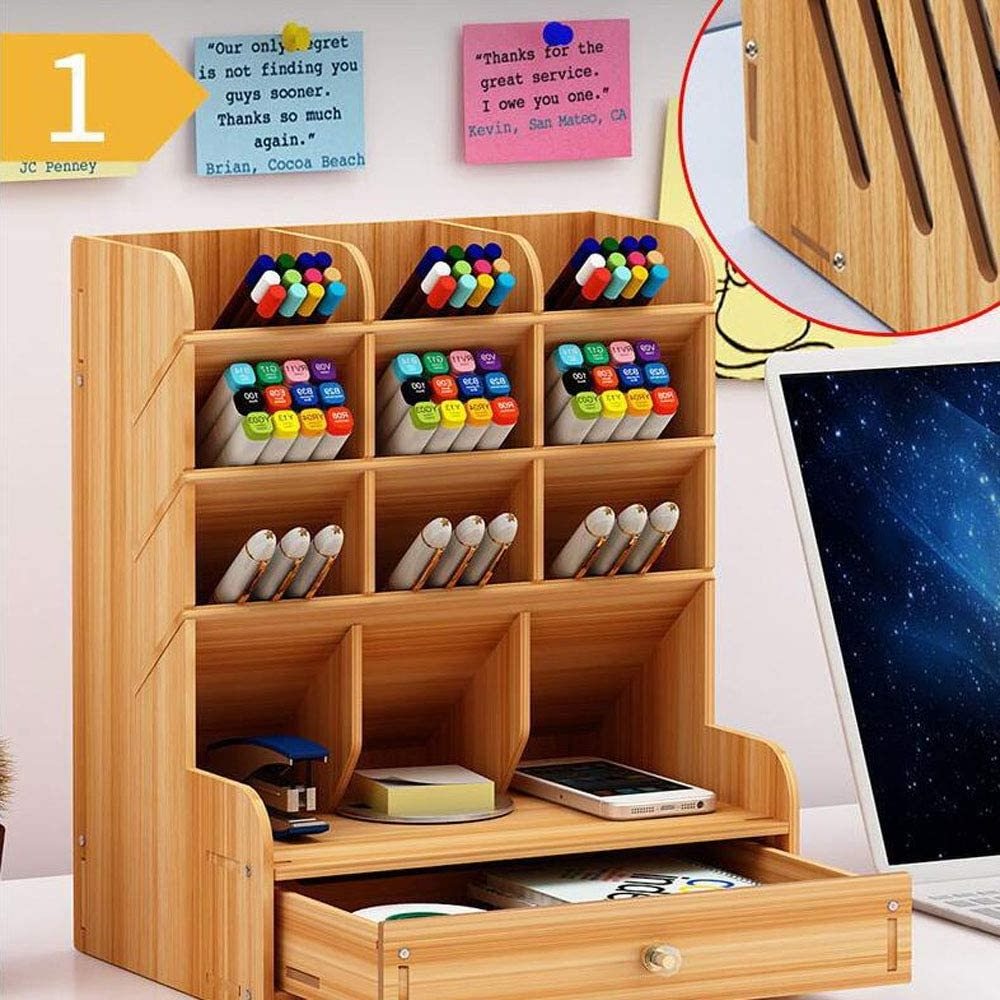 School Office Desktop Organizer with Drawer,9 Grid Wood Caddy for Markers and Makeup Tools, Tabletop Pen Pencil Holder Drawer So