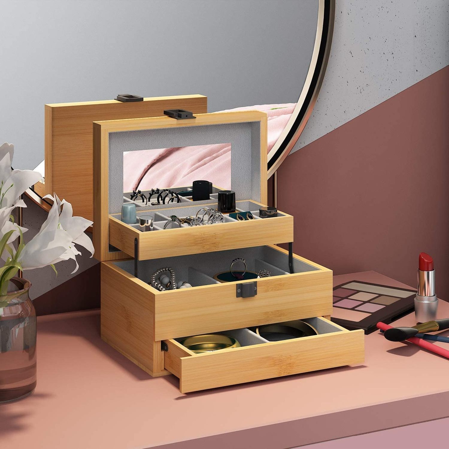 Bamboo Jewelry Box Organizer for women Watch Storage 3 Layers Jewelry Organizer Mirrored Storage Display Case Gift for Mom