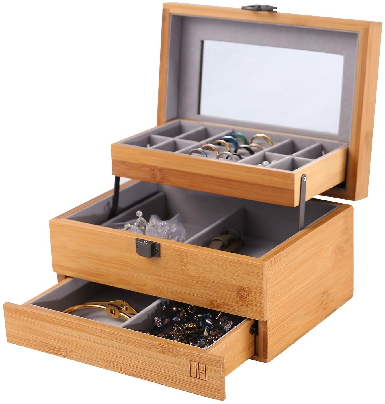 Bamboo Jewelry Box Organizer for women Watch Storage 3 Layers Jewelry Organizer Mirrored Storage Display Case Gift for Mom