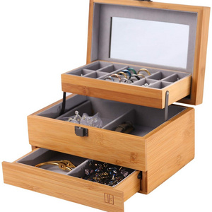 Bamboo Jewelry Box Organizer for women Watch Storage 3 Layers Jewelry Organizer Mirrored Storage Display Case Gift for Mom