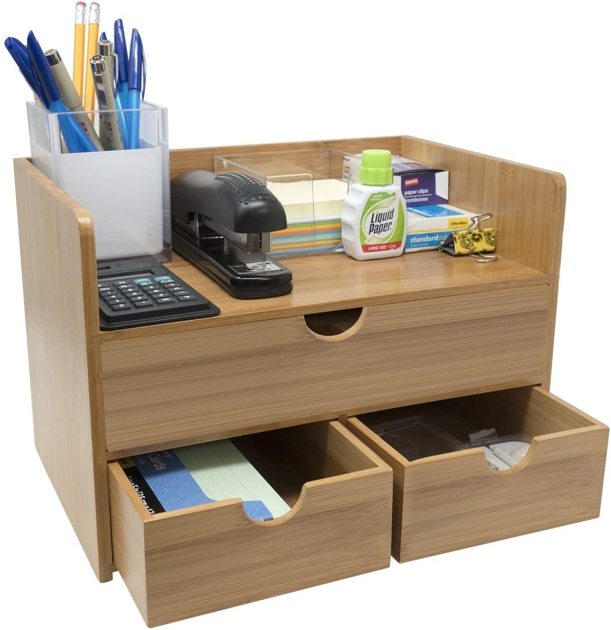 3-Tier Bamboo Shelf Organizer for Desk with Drawers - Mini Desk Storage for Office Supplies