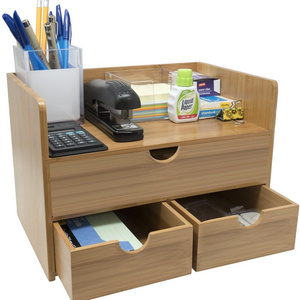 3-Tier Bamboo Shelf Organizer for Desk with Drawers - Mini Desk Storage for Office Supplies