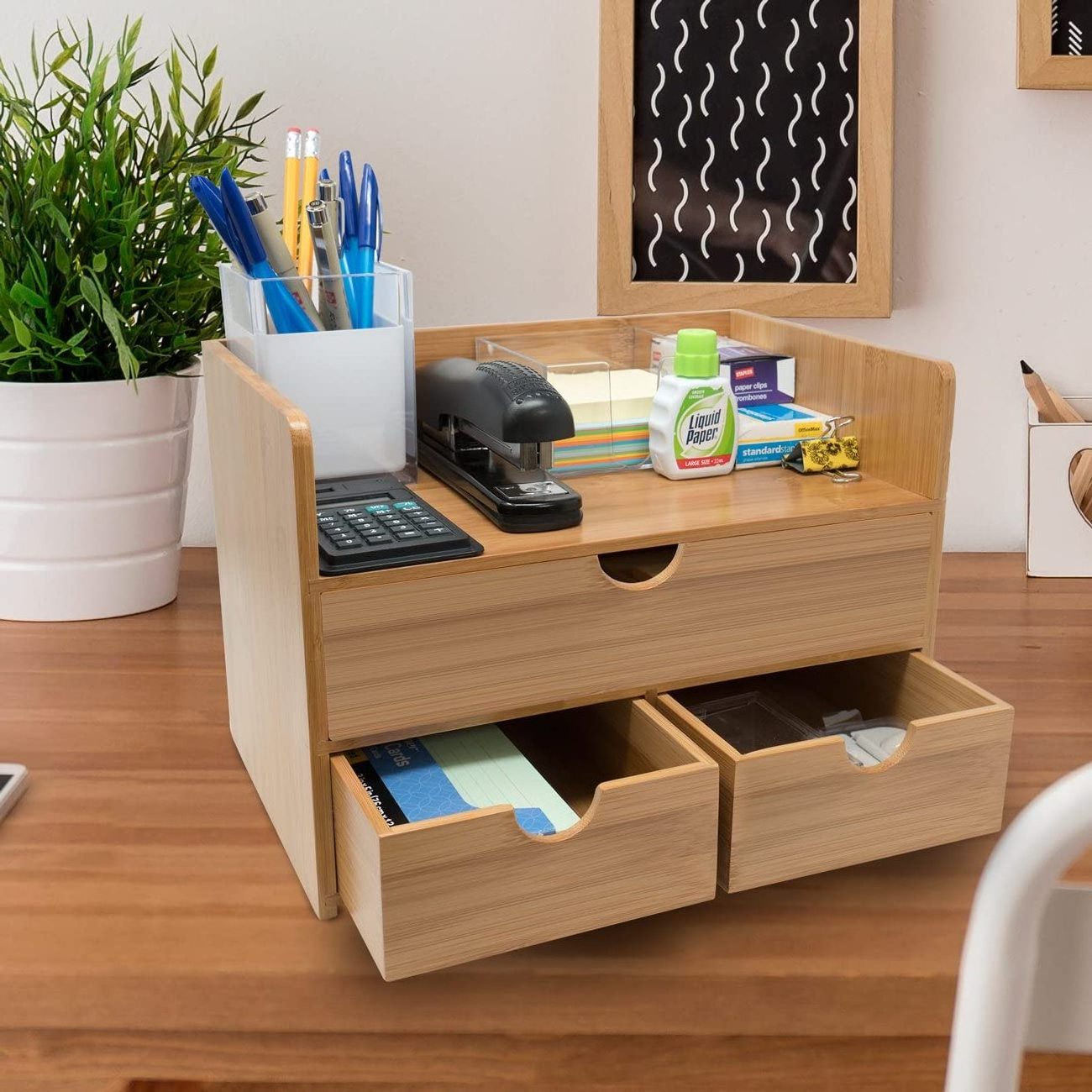 3-Tier Bamboo Shelf Organizer for Desk with Drawers - Mini Desk Storage for Office Supplies