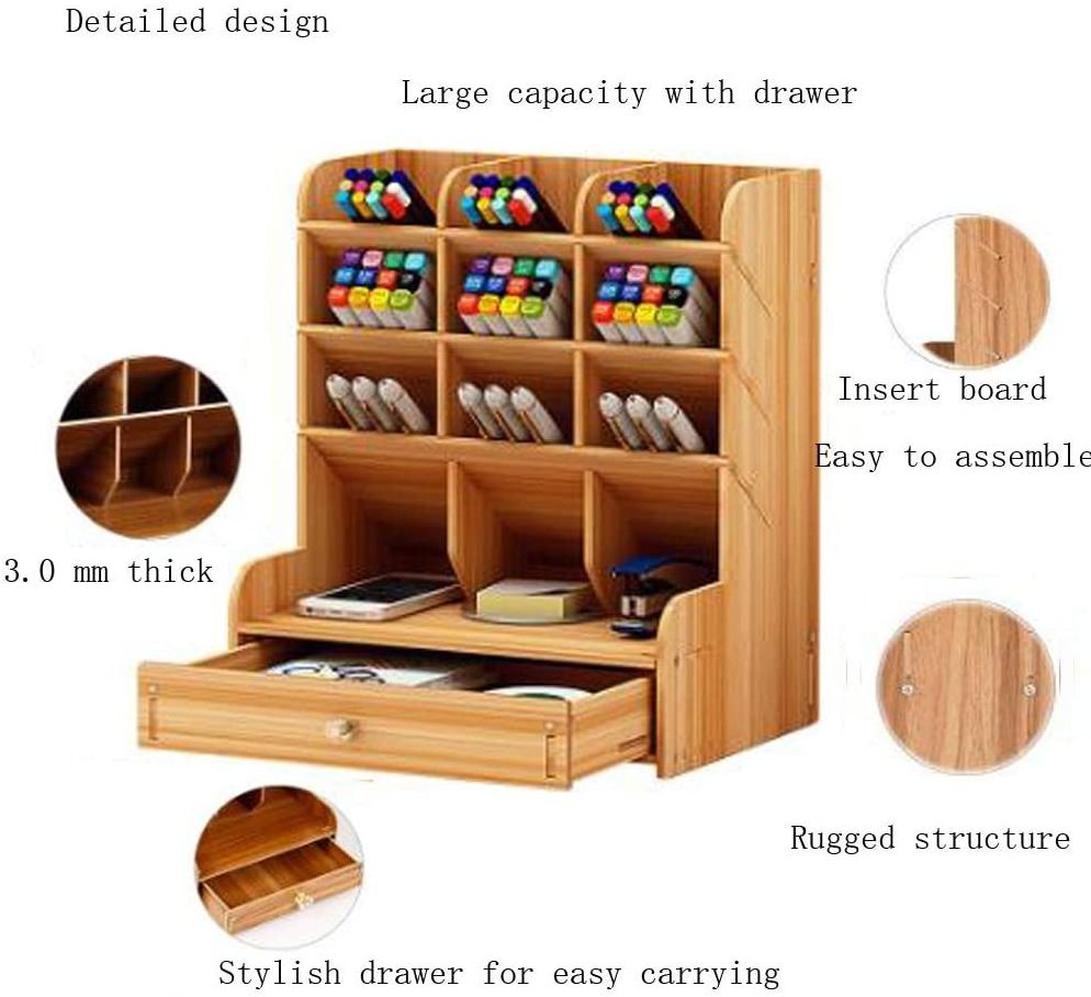 School Office Desktop Organizer with Drawer,9 Grid Wood Caddy for Markers and Makeup Tools, Tabletop Pen Pencil Holder Drawer So