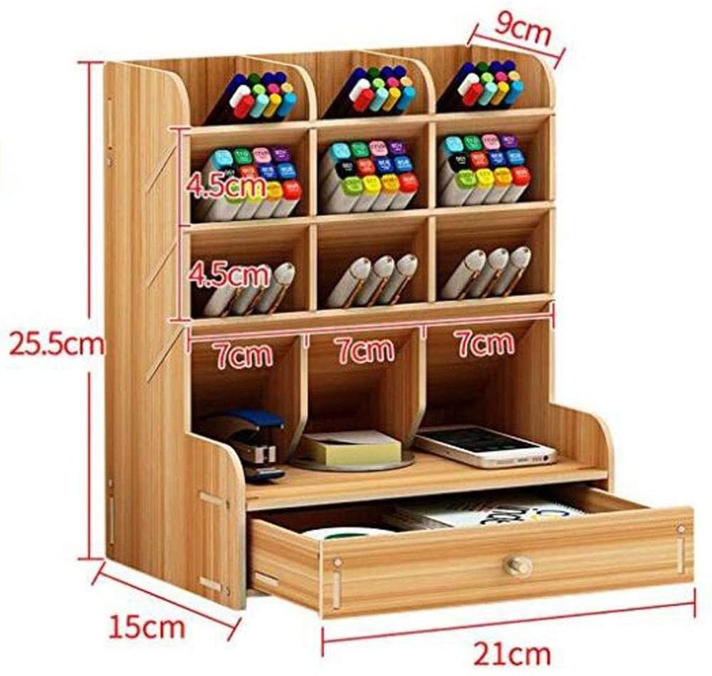 School Office Desktop Organizer with Drawer,9 Grid Wood Caddy for Markers and Makeup Tools, Tabletop Pen Pencil Holder Drawer So