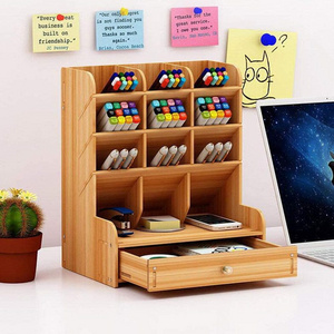 School Office Desktop Organizer with Drawer,9 Grid Wood Caddy for Markers and Makeup Tools, Tabletop Pen Pencil Holder Drawer So