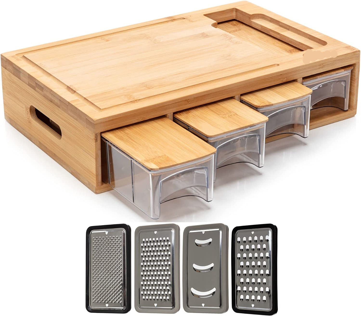 Chopping Board with Storage Food Prep Station Meal Bamboo Cutting Board with Juice Grooves 4 Containers & Assorted Graters