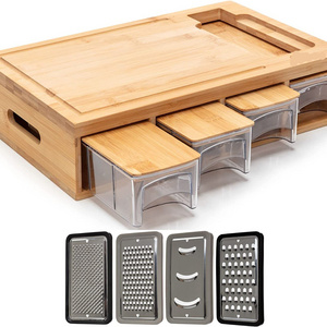 Chopping Board with Storage Food Prep Station Meal Bamboo Cutting Board with Juice Grooves 4 Containers & Assorted Graters