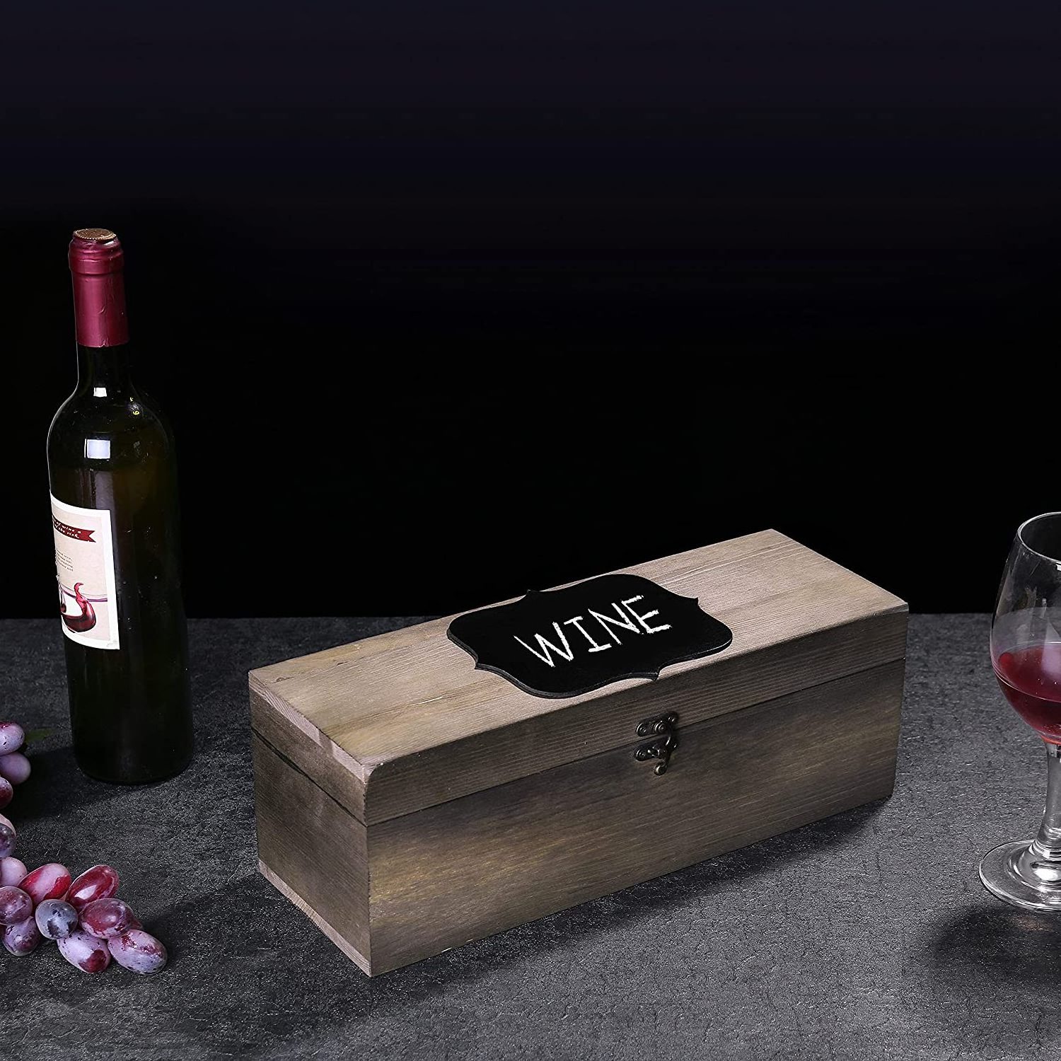 Rustic Burnt Solid Wood Wine Bottle Gift Box with Latched Lid Decorative Bottle Storage Carrying Case with Chalkboard Label