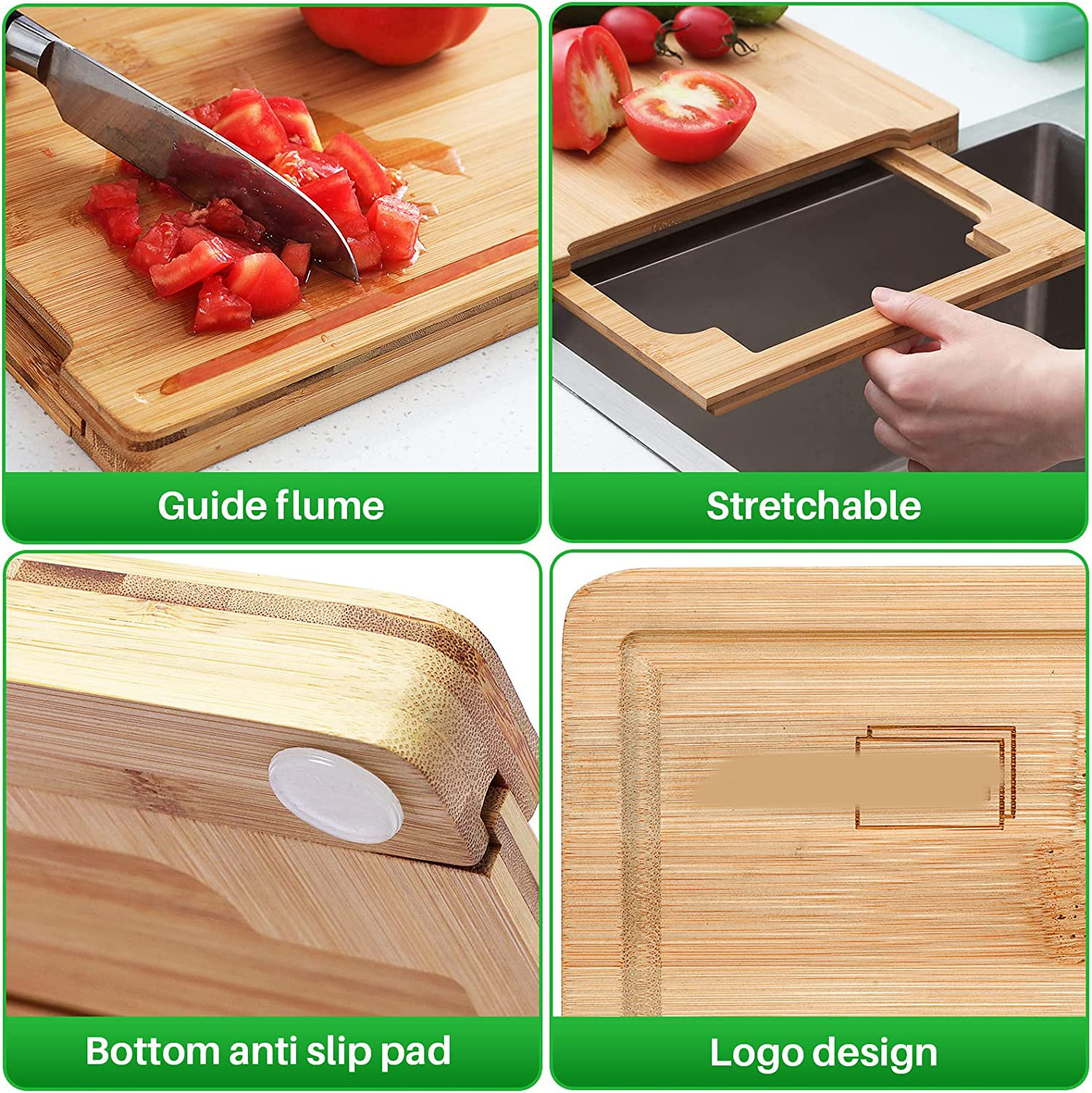 Expandable Bamboo Cutting Board With Containers,Over The Sink Cutting Board For Kitchen,Meal Prep deck For Food (Green)