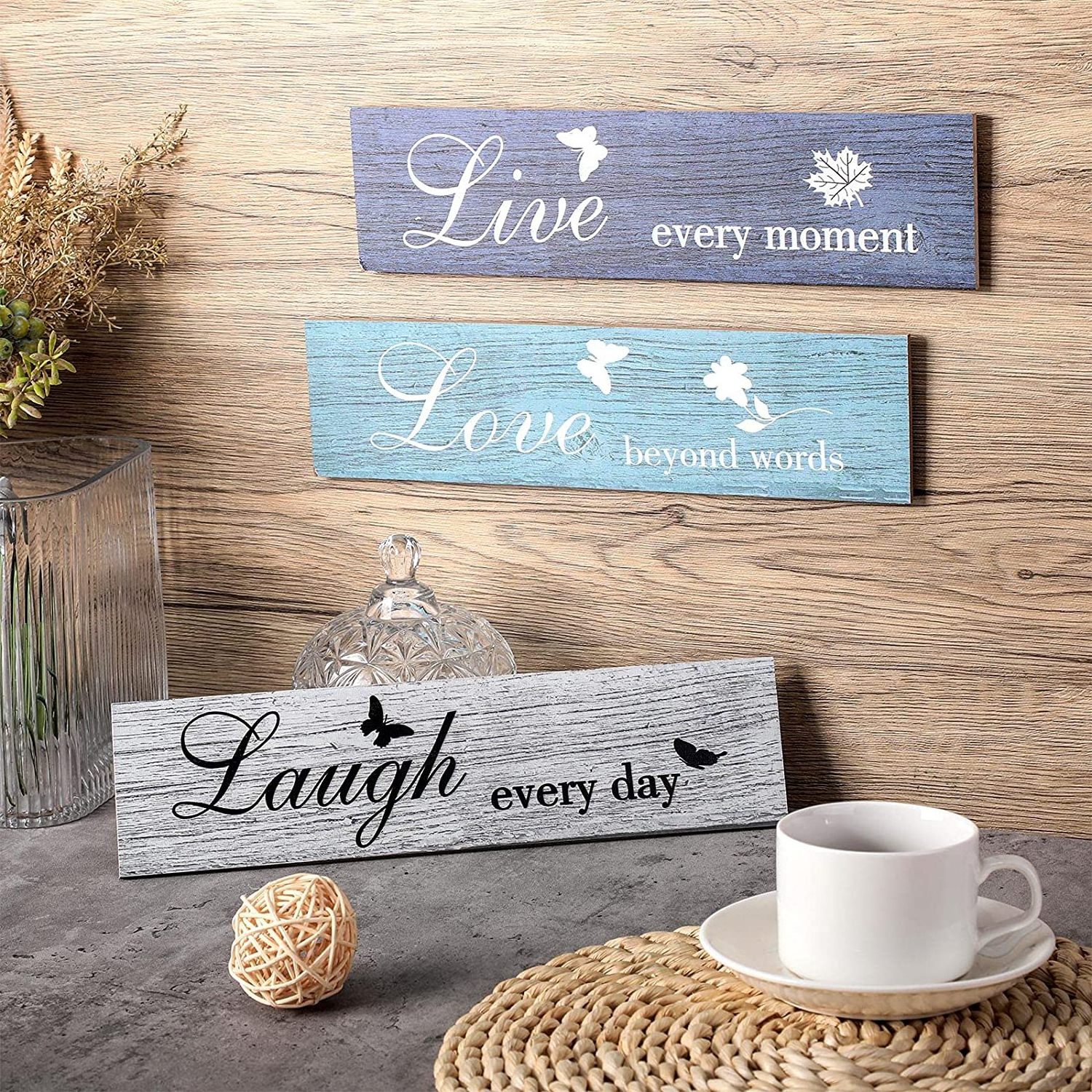 3 Pieces Rustic Wood Sign Wall Decor Live Love and Laugh Quote Sign Farmhouse Wall Mount Decoration for Home Office Wedding