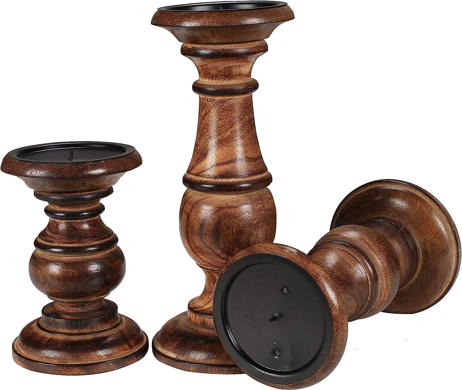 Candle Pillar Holder Set of 3 Wooden Candle Holder Farmhouse  Table Centerpiece Home Decor 10 8 6 Inch Burnt