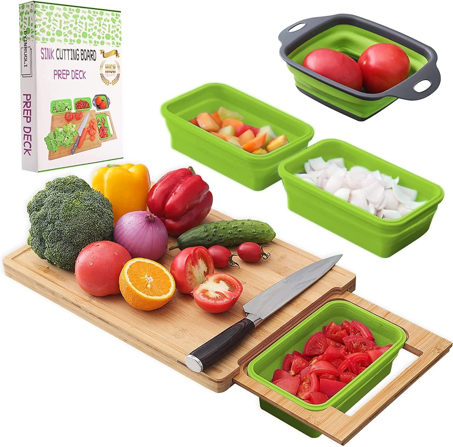 Expandable Bamboo Cutting Board With Containers,Over The Sink Cutting Board For Kitchen,Meal Prep deck For Food (Green)