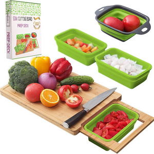 Expandable Bamboo Cutting Board With Containers,Over The Sink Cutting Board For Kitchen,Meal Prep deck For Food (Green)