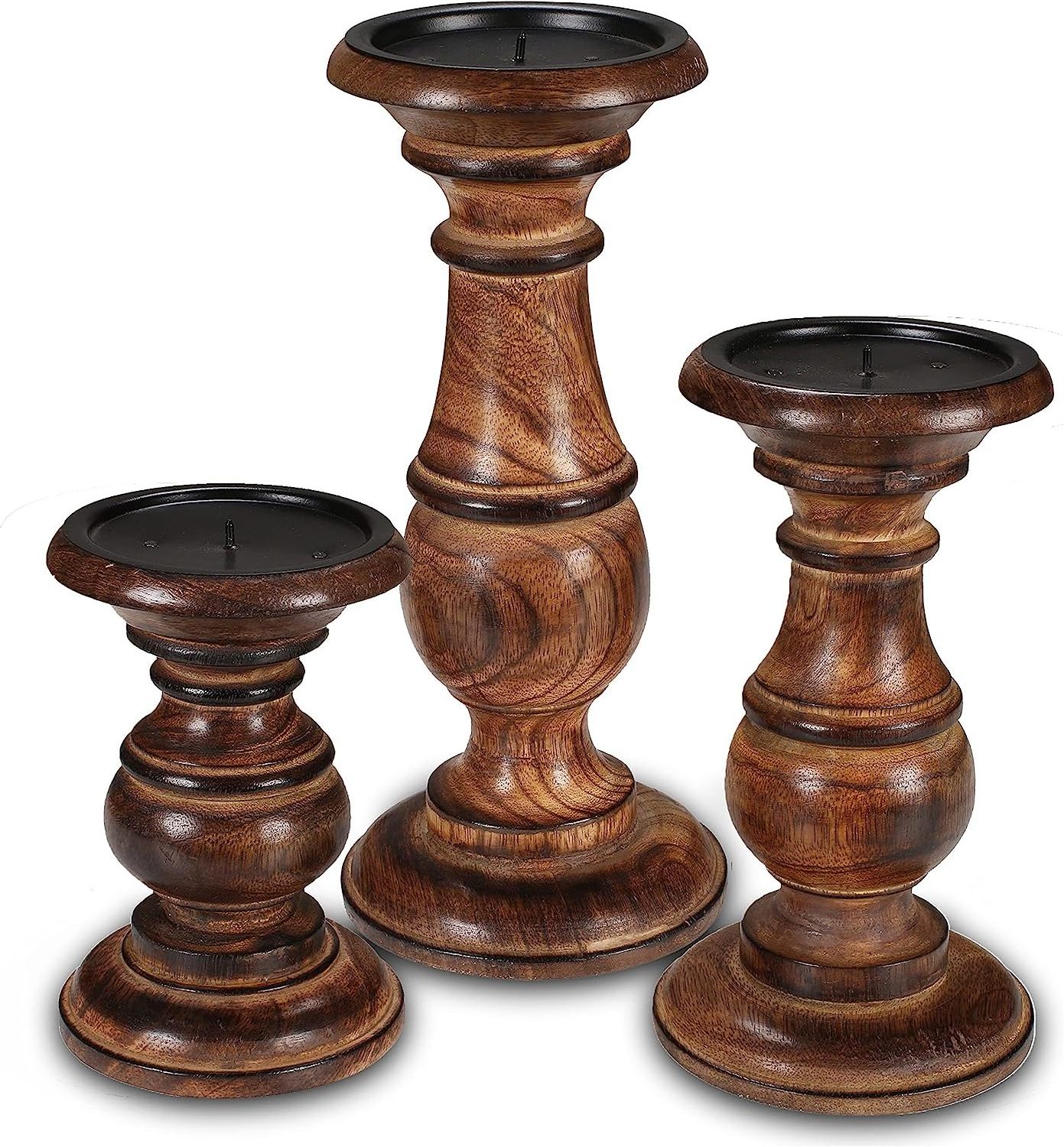 Candle Pillar Holder Set of 3 Wooden Candle Holder Farmhouse  Table Centerpiece Home Decor 10 8 6 Inch Burnt