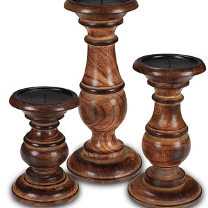 Candle Pillar Holder Set of 3 Wooden Candle Holder Farmhouse  Table Centerpiece Home Decor 10 8 6 Inch Burnt