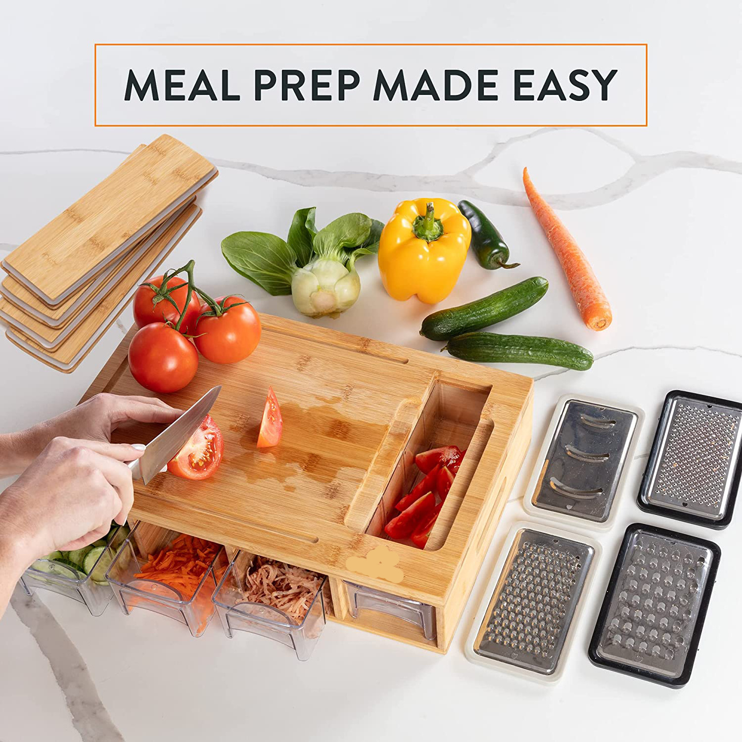 Chopping Board with Storage Food Prep Station Meal Bamboo Cutting Board with Juice Grooves 4 Containers & Assorted Graters