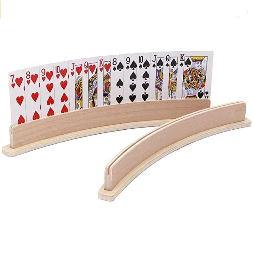 Wood Curved Playing Card Holder Racks Tray Set of 4 for Kids Seniors Adults with Widen Base Stable Bridge Canasta Foot and Hand