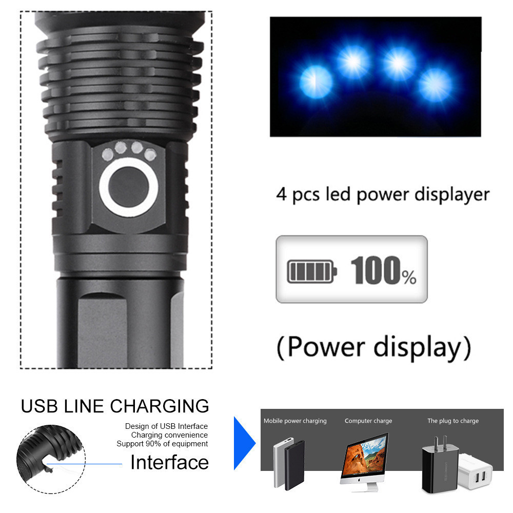 LED Flashlights USB Rechargeable Outdoor Waterproof Tactical Zoom Torch Powerful XHP70 Flashlight