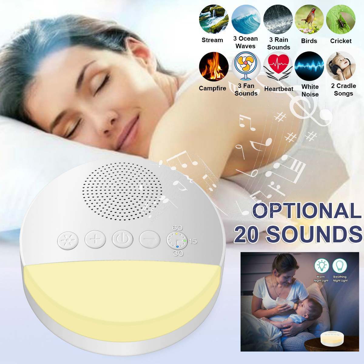 Baby White Noise Machine USB Rechargeable Timed Shutdown Sleep Machine Baby Sleep Sound Player Baby Sound Machine Night Light