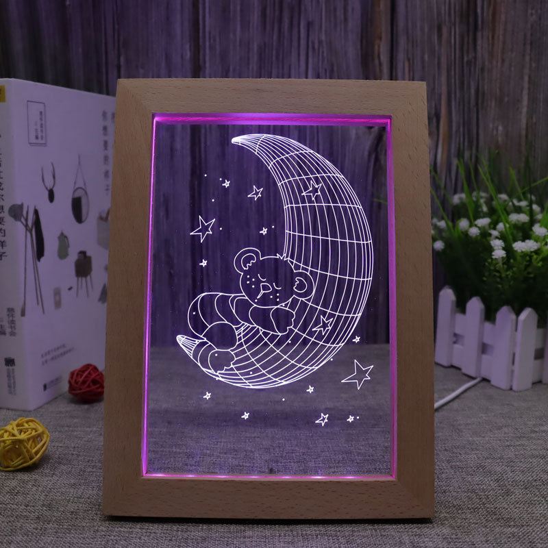 Custom DIY Modern Bedroom Desk Decoration Square Picture Frame Photo Table Lamp Led Anime 3d Acrylic Illusion Wooden Night Light