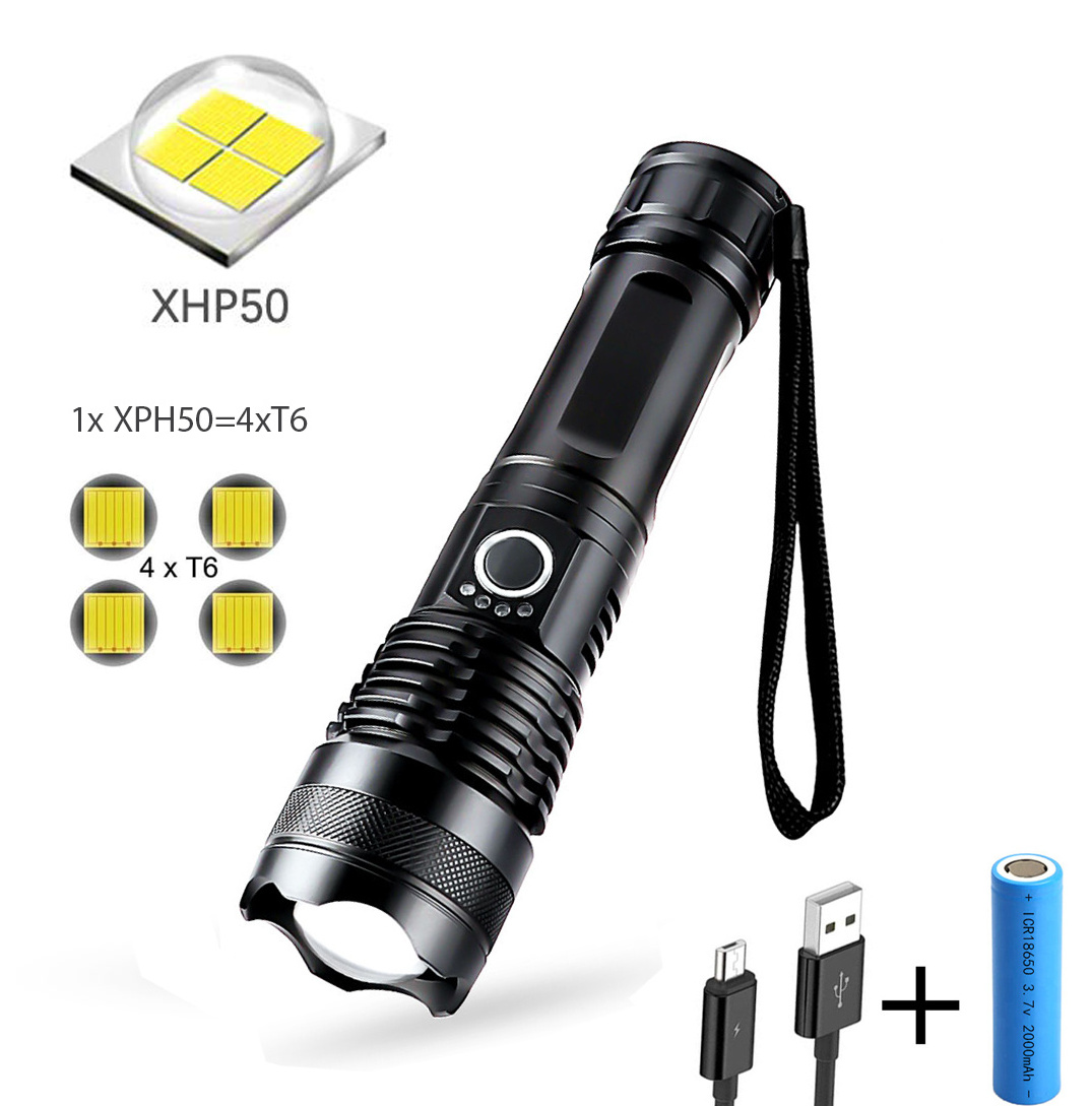 Telescopic High Lumen Zoomable Most Powerful Torch Battery Powered or USB Rechargeable XHP70 XHP50 Flashlight