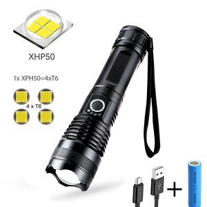 Telescopic High Lumen Zoomable Most Powerful Torch Battery Powered or USB Rechargeable XHP70 XHP50 Flashlight