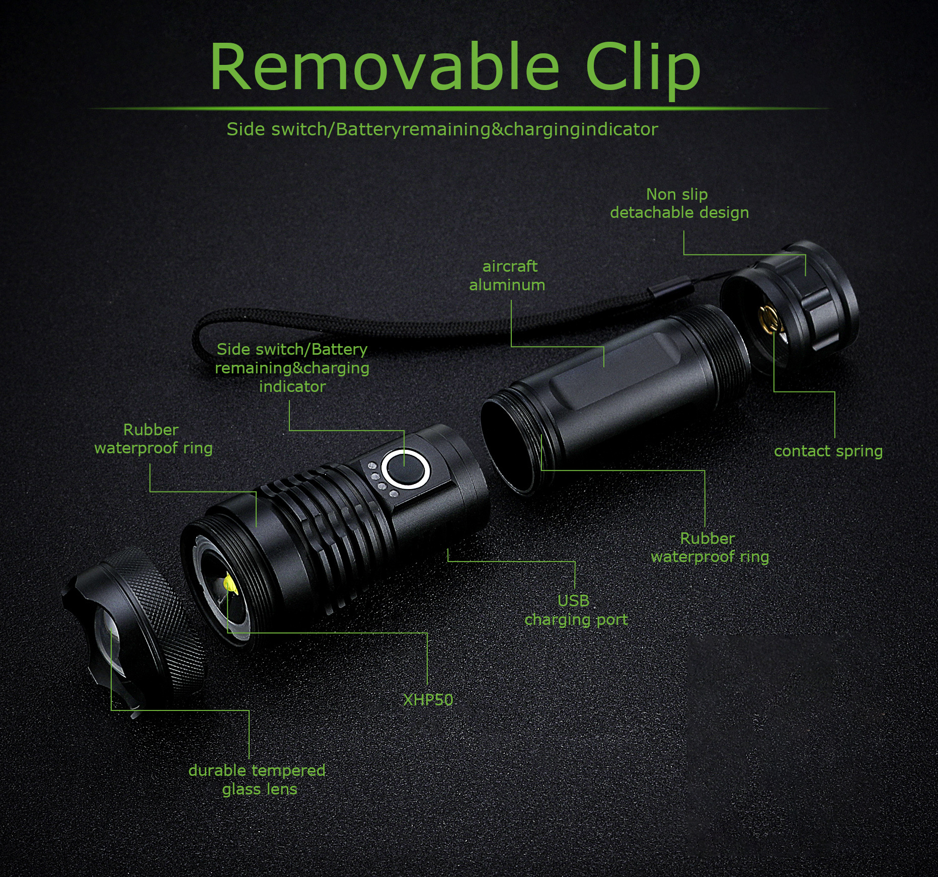 Telescopic High Lumen Zoomable Most Powerful Torch Battery Powered or USB Rechargeable XHP70 XHP50 Flashlight