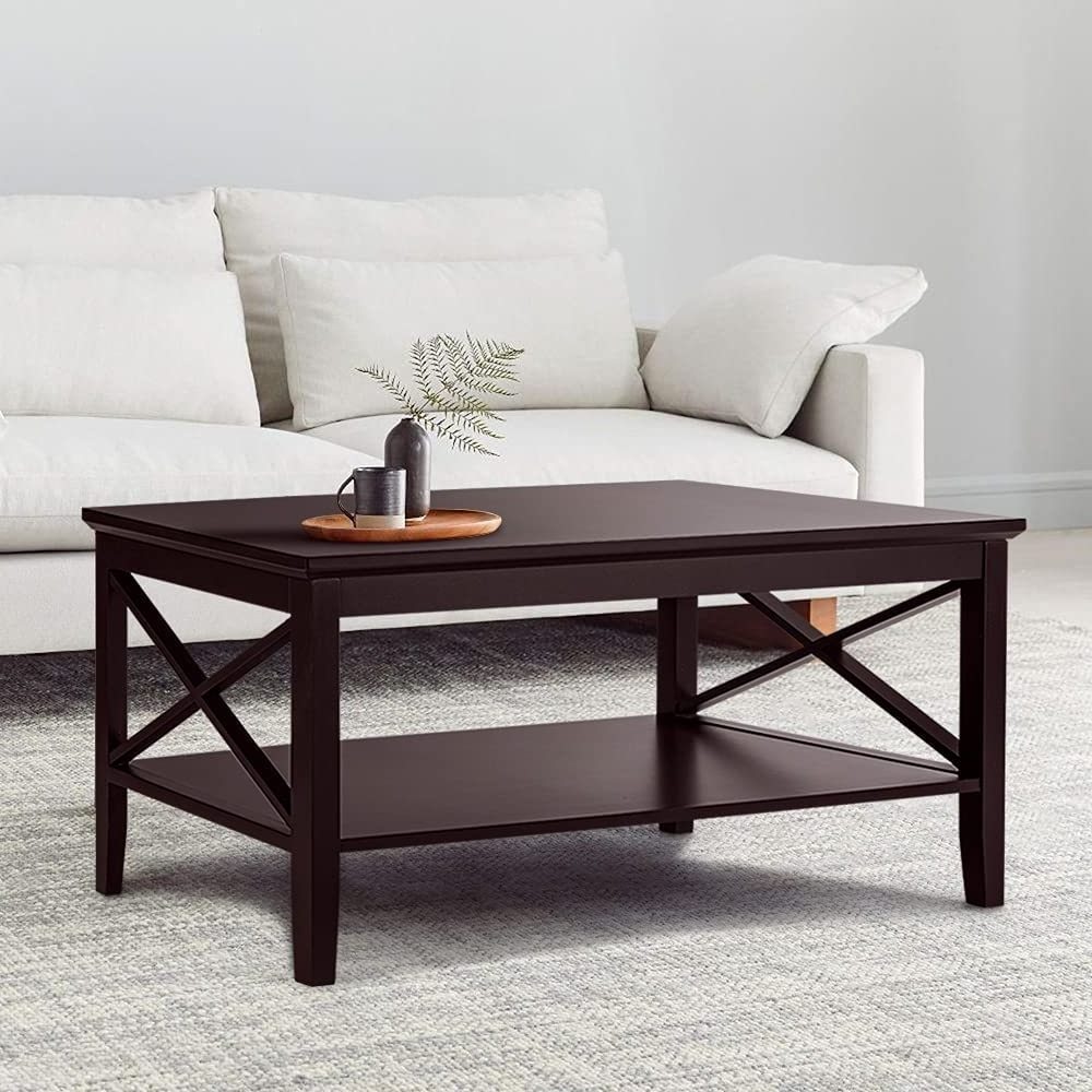 Coffee Table Classic X Design for Living Room, Rectangular Modern Cocktail Table with Storage Shelf, 39 Inch