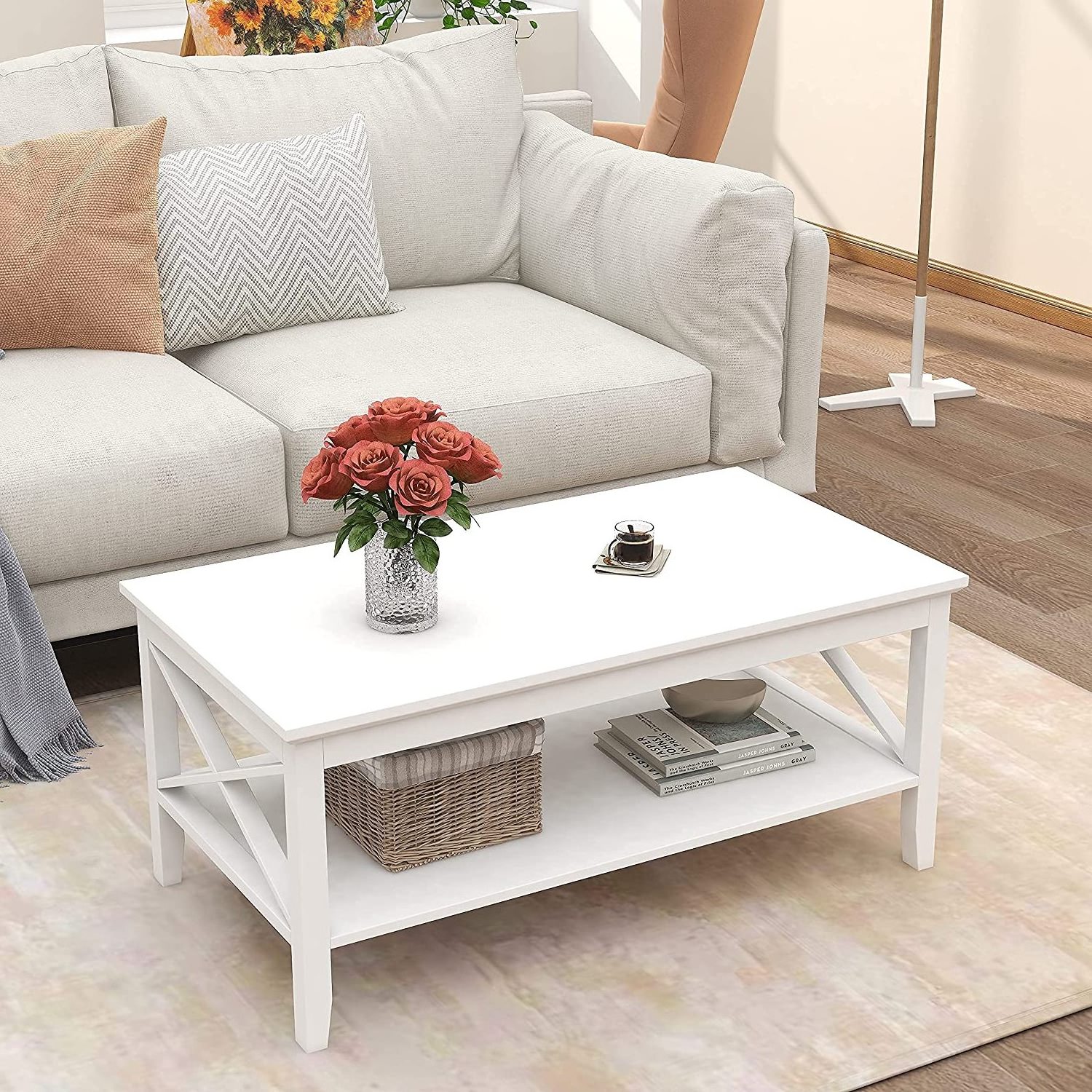 Coffee Table Classic X Design for Living Room, Rectangular Modern Cocktail Table with Storage Shelf, 39 Inch