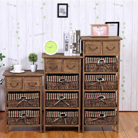 Living room furniture wooden old solid wood storage cabinet with hand woven baskets drawers