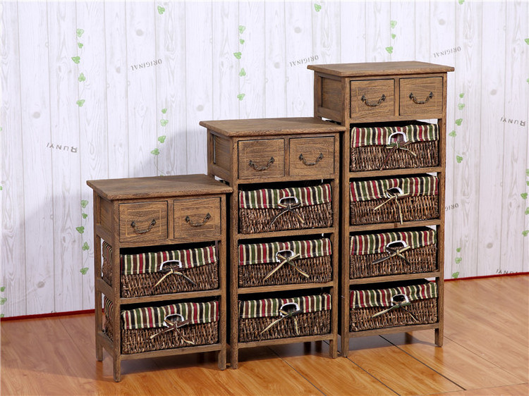 Living room furniture wooden old solid wood storage cabinet with hand woven baskets drawers