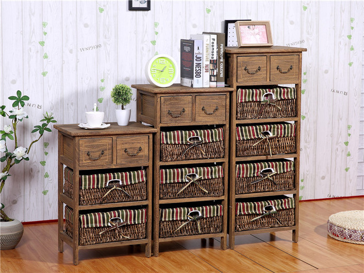 Living room furniture wooden old solid wood storage cabinet with hand woven baskets drawers