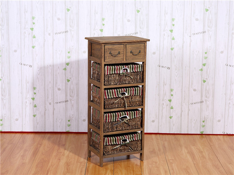 Living room furniture wooden old solid wood storage cabinet with hand woven baskets drawers