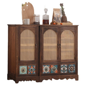 Solid wood rattan door shoe cabinet light luxury entrance door American vintage restaurant locker Solid wood cabinet