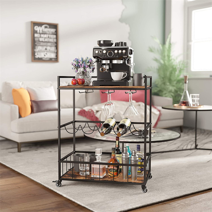 Kitchen Serving Carts Rolling Bar Cart with 3 Tier Storage Shelves bar carts for The Home with Wine Glass Holder