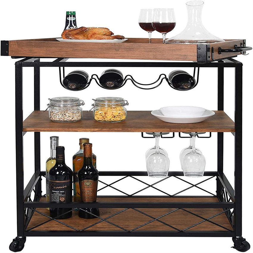 Kitchen Serving Carts Rolling Bar Cart with 3 Tier Storage Shelves bar carts for The Home with Wine Glass Holder