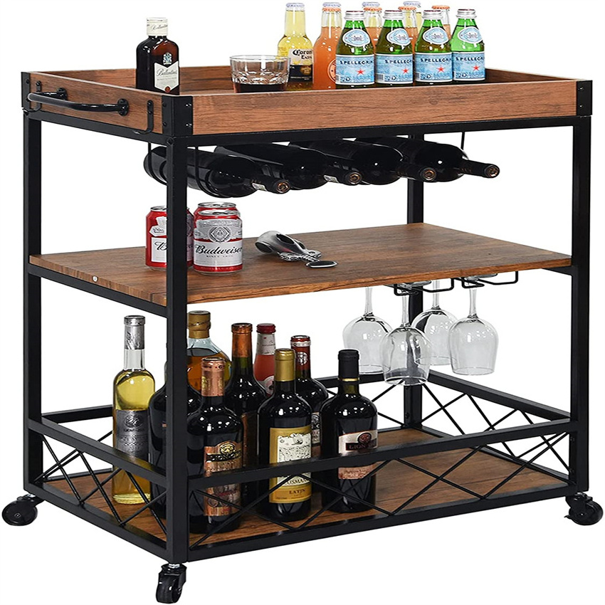 Kitchen Serving Carts Rolling Bar Cart with 3 Tier Storage Shelves bar carts for The Home with Wine Glass Holder