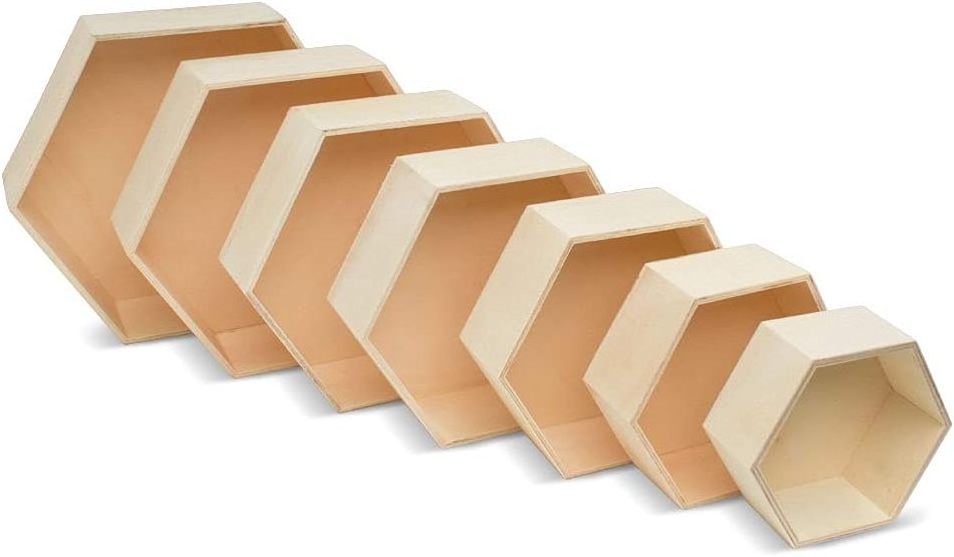 Wooden Hexagon Floating Shelves with Backs, Set of 7, Unfinished for Crafts