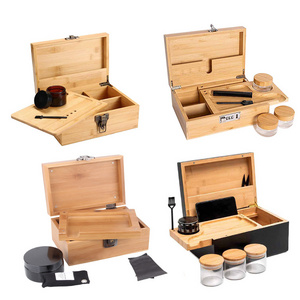 Natural Bamboo Smell Proof Wood Stash Box With Rolling Tray And Grinder Jars Lock