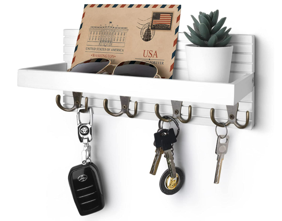 Modern Farmhouse Entryway Shelf Wall Mounted Mail Organizer and Key Hanger Wooden Key Holder