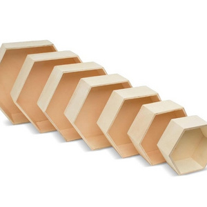 Zhonghuan Brand Wooden Hexagon Floating Shelves with Backs, Set of 7, Unfinished for Crafts and DIY Wall Decor