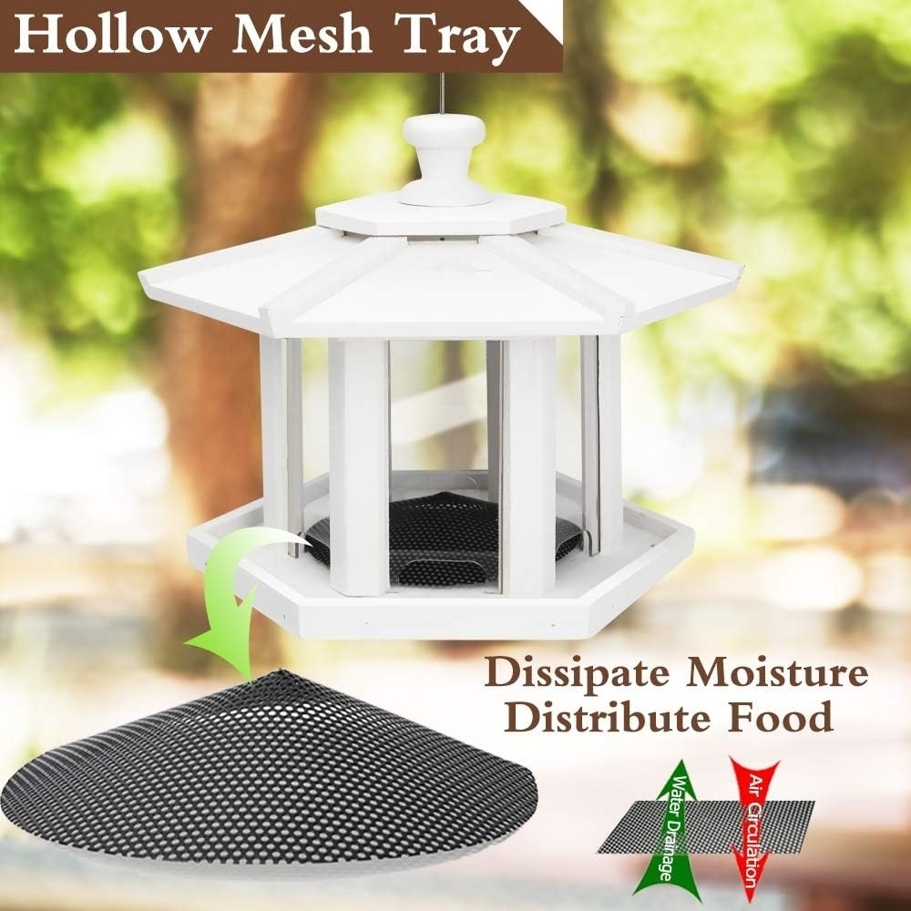 Zhonghuan Brand White Wood Hexagon Gazebo Bird Feeder Hollow Mesh Tray, Large Capacity, Easy to Clean & Fill